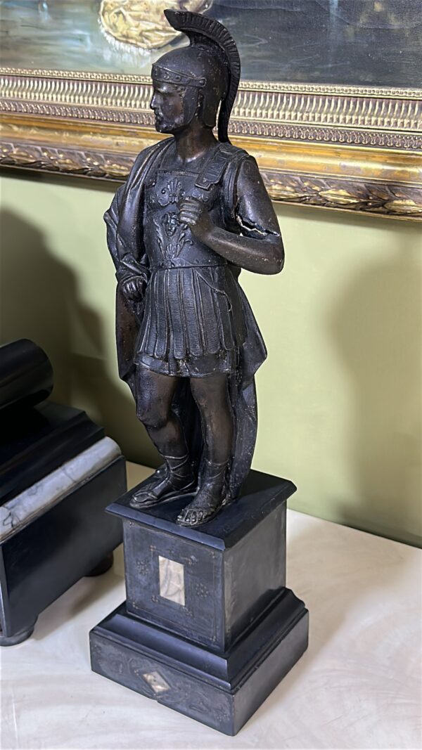 Antique Pair of Classical Bronze Warrior Figures on Marble-Inlaid Bases – European Neoclassical