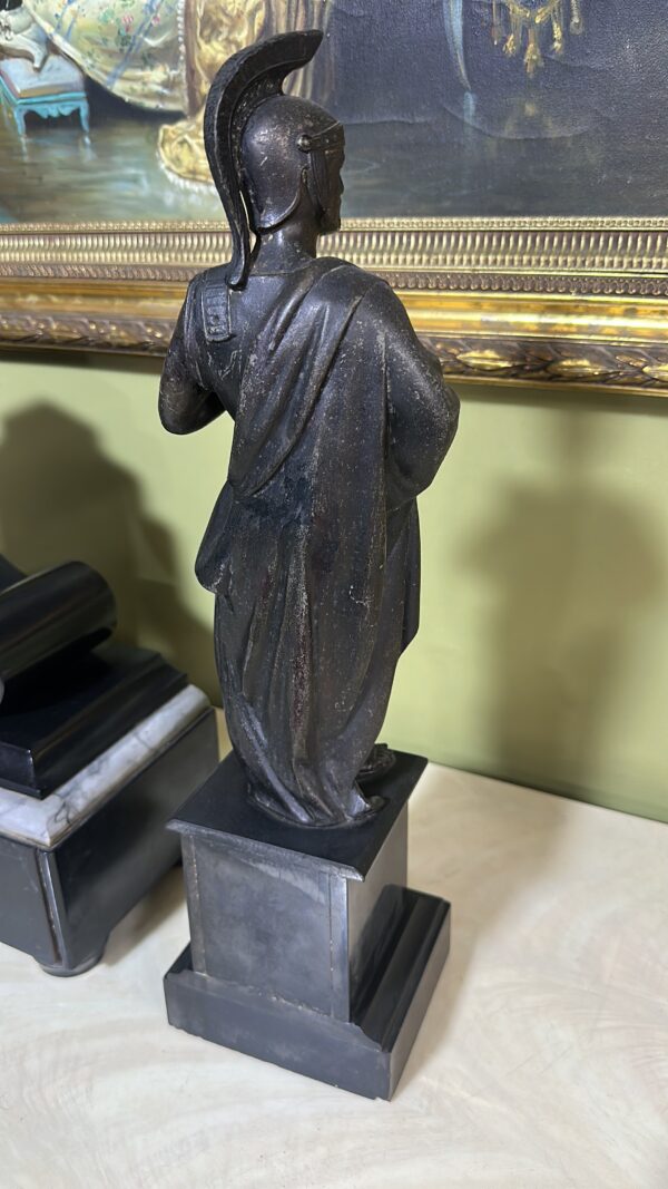 Antique Pair of Classical Bronze Warrior Figures on Marble-Inlaid Bases – European Neoclassical