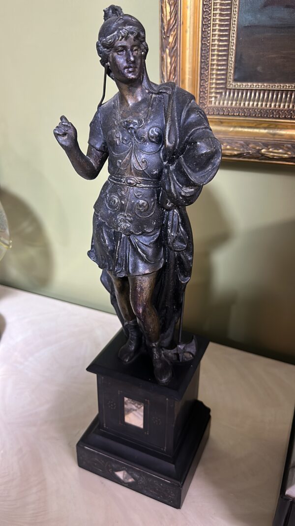 Antique Pair of Classical Bronze Warrior Figures on Marble-Inlaid Bases – European Neoclassical