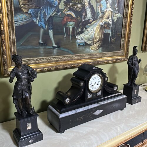 Antique Pair of Classical Bronze Warrior Figures on Marble-Inlaid Bases – European Neoclassical