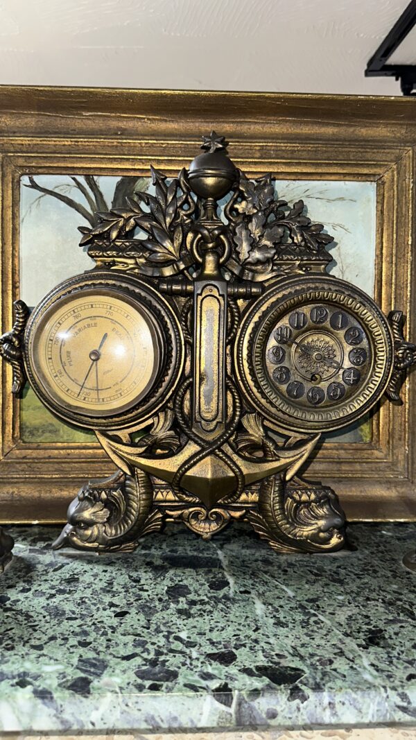Vintage Ornate Bronze-Style Clock & Barometer Combination with Anchor Motif