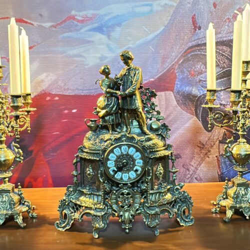Large Vintage 3-Piece Bronze-Style Figural Mantel Clock Garniture with Pair of 5-Light Candelabra