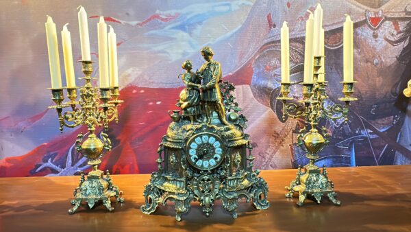 Large Vintage 3-Piece Bronze-Style Figural Mantel Clock Garniture with Pair of 5-Light Candelabra