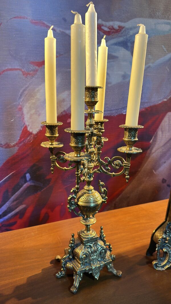 Large Vintage 3-Piece Bronze-Style Figural Mantel Clock Garniture with Pair of 5-Light Candelabra