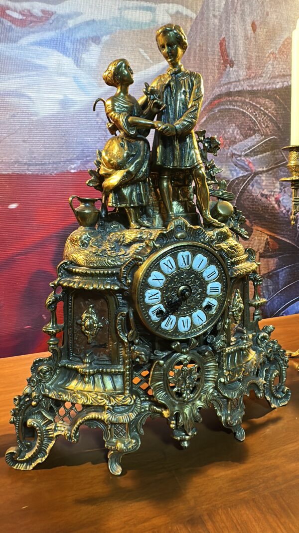 Large Vintage 3-Piece Bronze-Style Figural Mantel Clock Garniture with Pair of 5-Light Candelabra