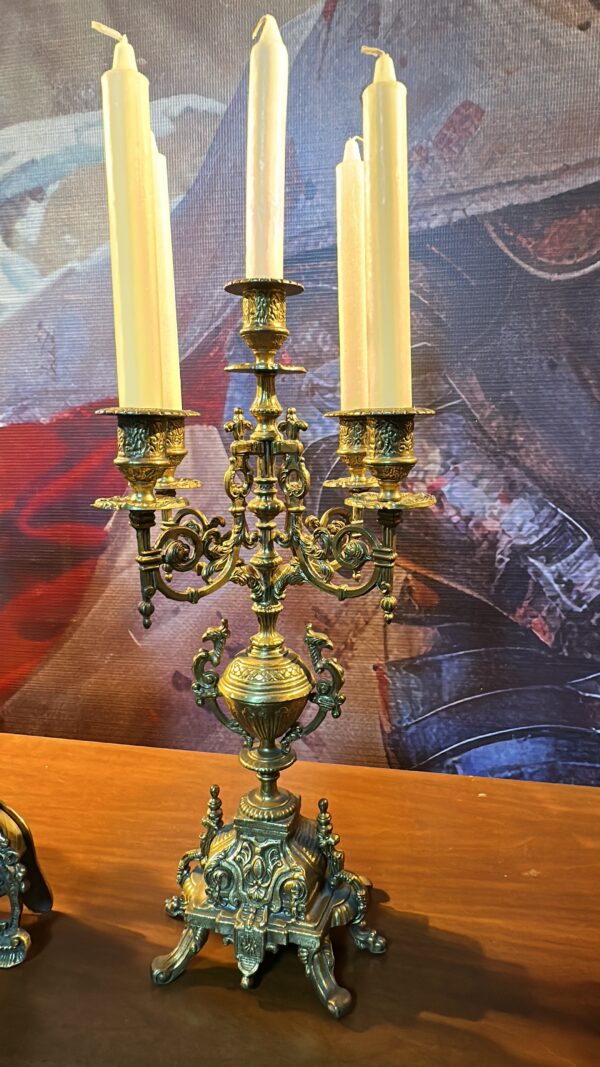 Large Vintage 3-Piece Bronze-Style Figural Mantel Clock Garniture with Pair of 5-Light Candelabra