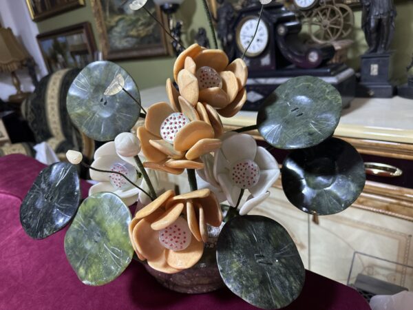 Vintage Carved Hardstone Gemstone Flower Arrangement in Stone Bowl
