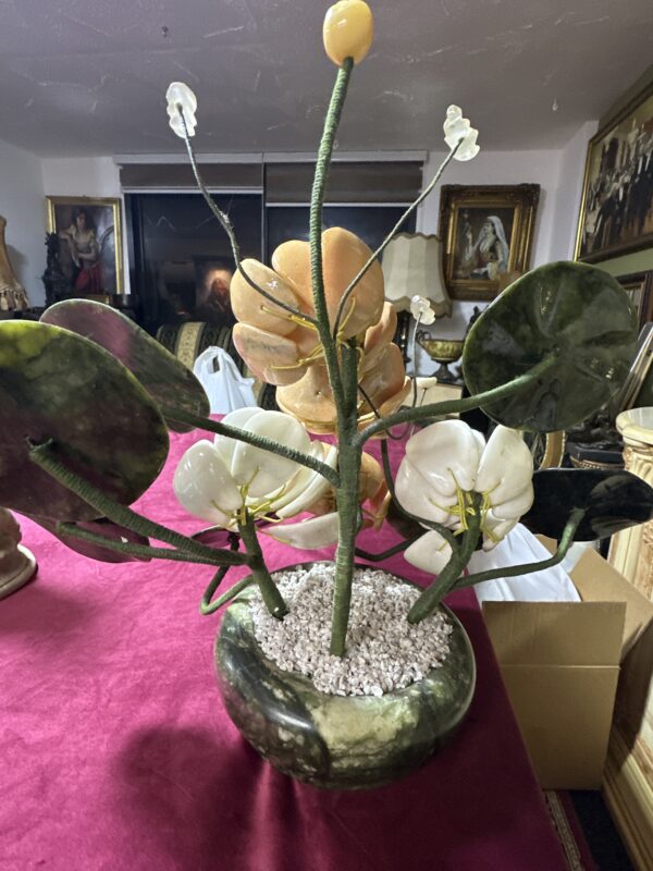 Vintage Carved Hardstone Gemstone Flower Arrangement in Stone Bowl