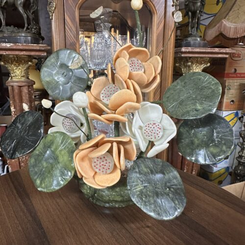 Vintage Carved Hardstone Gemstone Flower Arrangement in Stone Bowl