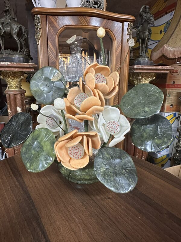 Vintage Carved Hardstone Gemstone Flower Arrangement in Stone Bowl