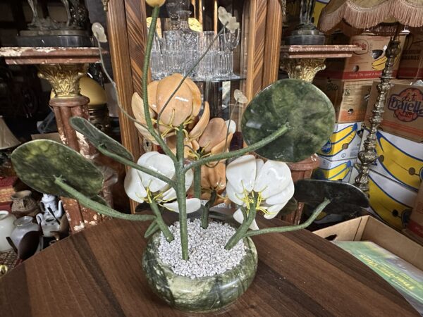 Vintage Carved Hardstone Gemstone Flower Arrangement in Stone Bowl