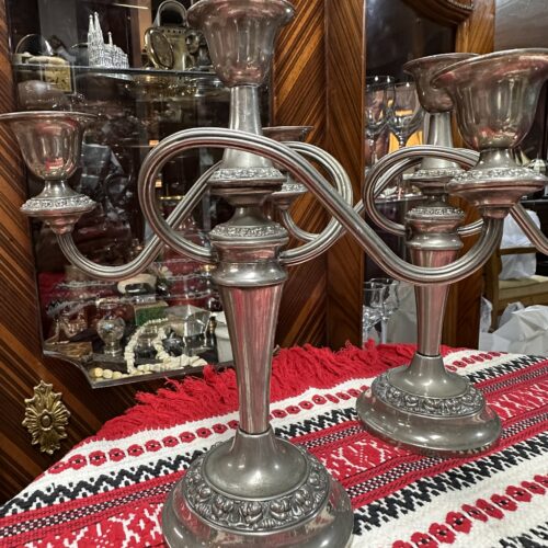 Vintage English Silver-Plated 3-Arm Candelabra Candlesticks – Pair – c.1950s–70s
