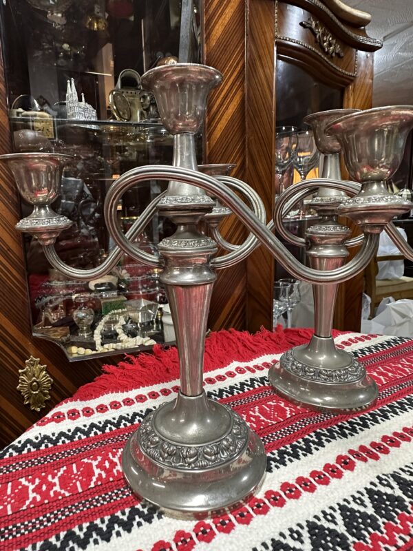 Vintage English Silver-Plated 3-Arm Candelabra Candlesticks – Pair – c.1950s–70s